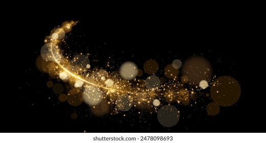 Funken von Staub und goldenen Sternen leuchten mit besonderem Licht. Spur der Geschwindigkeitslinien. Vektorgrafik funkt auf durchsichtigem, dunklem Hintergrund. Weihnachtsmusiken Lichteffekt. Funkelnde Teilchen von magischem Staub.	