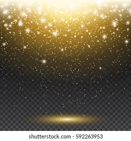 Sparks and falling gold glitter particles and lights effect for luxury greeting rich card. Vector golden sparkling texture for brightly design. Gold star dust sparks on dark transparent background