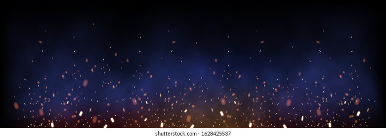 Sparks of fire on dark background horizontal banner. Vector realistic illustration