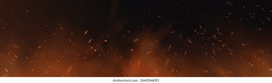 Sparks and flames on a transparent background with realistic fire effect and diffuse smoke. Can be used for designs related to heat, flash or fire.