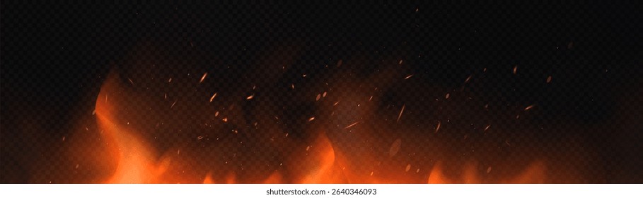 Sparks and flames on a transparent background with realistic fire effect and diffuse smoke. Can be used for designs related to heat, flash or fire.