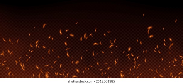 Sparks fly as embers burn. Flames with sparks on a black background. Flame PNG. Fire spark overlay with smoke and flame. Grill heat glow. Flying orange sparkle. Hell bonfire.