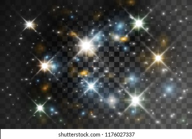 Sparks glitter special light effect. Vector sparkles on transparent background. Christmas abstract pattern. Sparkling magic dust particles