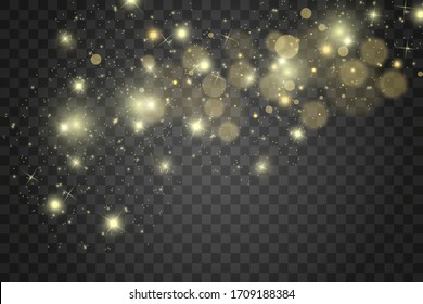 Sparks and golden stars glitter special light effect. Vector sparkles on transparent background. Christmas abstract pattern. Sparkling magic dust particles