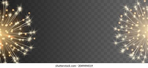 Sparks and light spots, snow and shine, golden stars shine with light realistic vector light effect for dark backgrounds