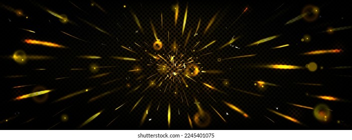 Sparks in motion with blur and bokeh, speed light effect. Flare with golden lines perspective view. Overlay zoom, fire pace, flame, burst abstract high-speed movement, Realistic 3d vector dynamic