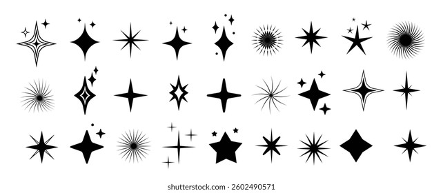 Sparks set. Vector icons of flash and star on transparent background. Glitters for decoration, designs and printing. Vector editable sparks collection.