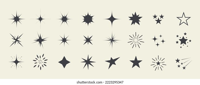 Sparks and stars. Set of black stars and sparkles isolated on white background. Sparkles symbols.