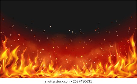 Sparks and tongues of flames. Vector realistic blazing fire with ignition and blaze. Light burning bonfire or dangerous catastrophe flashes. Combustion effect or explosion scene design