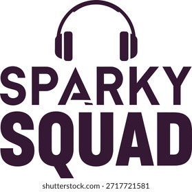 Sparky Squad typography vector design black purple headphones icon on transparent background for t-shirt apparel sticker music audio merchandise print creative layout cut file