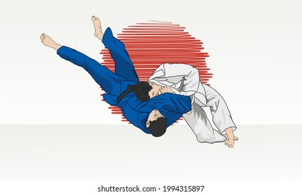 Sparring between two wrestlers. Judo Eastern wrestling