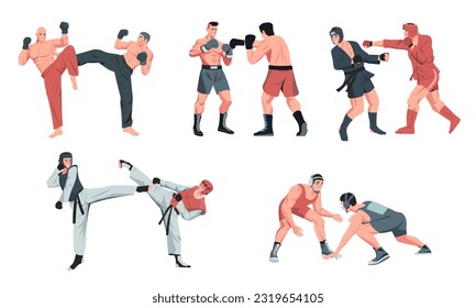 Sparring. Kampfkunst konkurrierende Charaktere kämpfen, Boxen und Training, muskuläre Athleten im Kampf gegen den Kampf gegen Training Cartoon Stil. Vektorset taekwondo Sparring Illustration