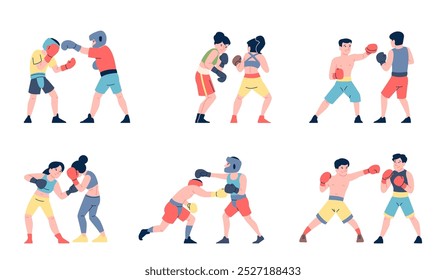 Sparring training. Professional boxers fighting in gloves, wrestling or kickboxing. Boxing athletes training, strong sportlers recent vector set