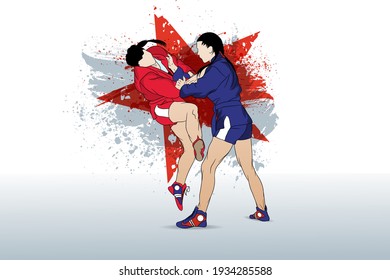 Sparring of two female wrestlers. 
Martial art. Vector illustration