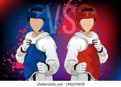 Sparring of two fighters, blue against red. 
Vector illustration