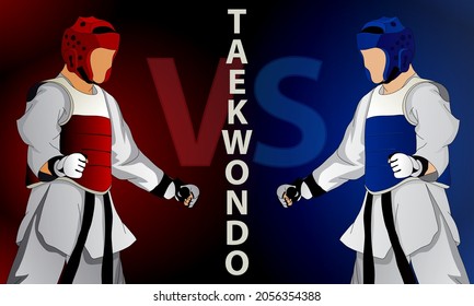 Sparring of two fighters in taekwondo. Both fighters are in protective suits, gloves, helmet. Abstract sports background.