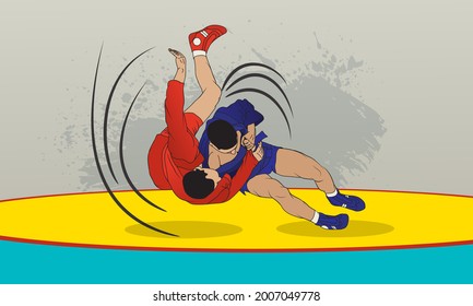 Sparring of two male athletes in wrestling.