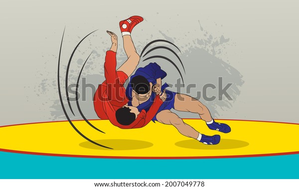 Sparring of two male\
athletes in\
wrestling.