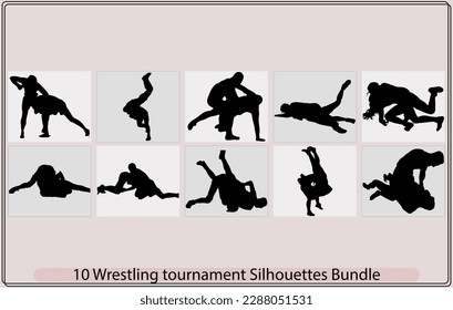 Sparring of two male athletes in wrestling,silhouette of male wrestler,fighters vector silhouette,