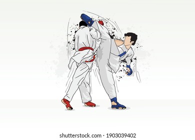 Sparring of two martial artists, karate practice
