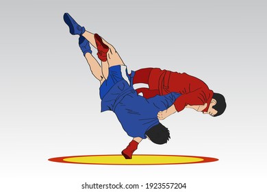 Sparring of two wrestlers on the mat. Vector illustration