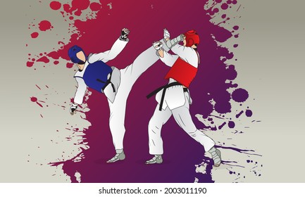 Sparring of two young fighters in taekwondo. Athletes in protective vests, gloves, helmet.