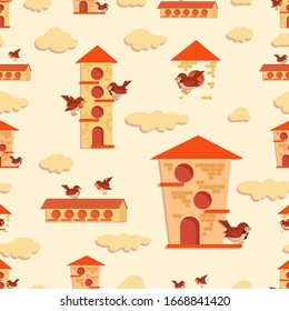 Sparrow background. Birdhouse pattern. Vector spring set with birds near houses and clouds. Design for children's clothing, fabric, textile, baby jewelry.