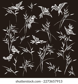 Sparrow and bamboo drawn with Japanese technique,