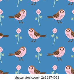Sparrow Bird Flower Seamless Pattern. Hand drawn Sparrowhawk Clover Background. Colorful Childish Nature Animal fabric print. Repeat vector illustration