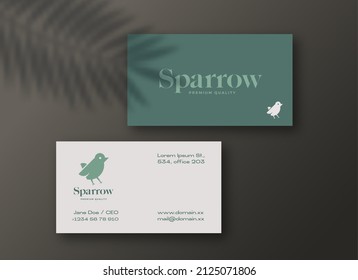 Sparrow Bird Modern Logo And Square Business Cards Template. Realistic Vector Stationary Mockups Scene With Shadow Overlay Top View Background Decorative Layout