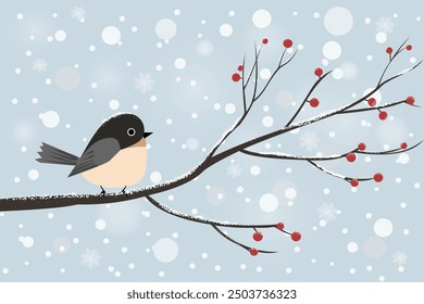 Sparrow bird on a winter rowan branch in snowy weather. Beautiful winter Christmas vector illustration of wildlife with falling snow. Festive landscape for design. Happy New Year.