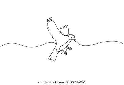 Sparrow bird are sitting isolated on white background. One line continuous vector illustration, Bird and branch symbol of peace and freedom in simple pro.