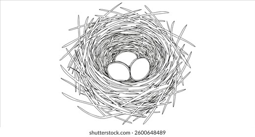 sparrow bird's nest with eggs, continuous single one line illustration of a sparrow's nest containing eggs, created using a continuous single one line art hand drawing technique. The artwork captures.