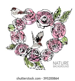 Sparrow Birds with Pink Rose vector background. Nature painting. Hand drawn flower background.