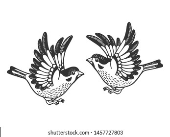 Sparrow birds tattoo sketch engraving vector illustration. Scratch board style imitation. Hand drawn image.