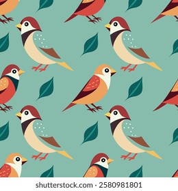  Sparrow birds vector seamless pattern brown green yellow colors surface design