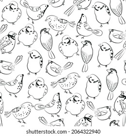 Sparrow, Bullfinch, set of hand drawn birds. Concept for wallpaper, texture, cards
