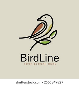 Sparrow or finch in continuous line art design, minimal bird line logo icon illustration isolated on white background, abstract colorful hummingbird vector line art