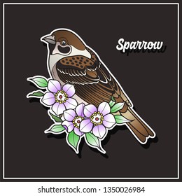 Sparrow and Flowers. Traditional Tattoo Art Sticker