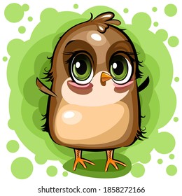 Sparrow. A funny chick is trying to take off. Cute and funny baby bird. The isolated object on a white background. Millustration. Cartoon style. Vector