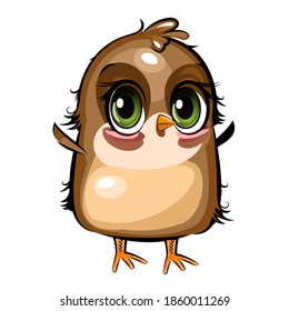 Sparrow. A funny chick is trying to take off. Cute and funny baby bird. The isolated object on a white background. Millustration. Cartoon style. Vector