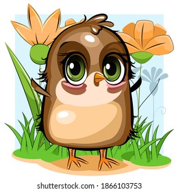 Sparrow. A funny chick is trying to take off. Cute and funny baby bird. The isolated object on a white background. Millustration. Cartoon style. Flower meadow. Vector