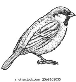 Sparrow Hand-Drawn Vector, Graphic Style, Cartoon Illustration, Black and White, Sketch Style, Isolated on White Background