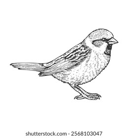 Sparrow Hand-Drawn Vector, Graphic Style, Cartoon Illustration, Black and White, Sketch Style, Isolated on White Background