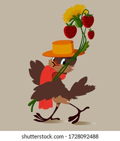 A sparrow in a hat walks with a bauquet of raspberries and dandelion
