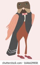 Sparrow hawk cartoon, elegant bird character with suit and bow. Vector illustration.