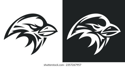 Cabeza de resplandor aislada en fondo blanco y negro. Pájaro abstracto de silueta. Plantilla para mascota de diseño, etiqueta, placa, emblema u otra marca. Ilustración vectorial.