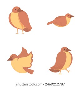 Sparrow icons set cartoon vector. Cute cheerful brown sparrow. Little bird