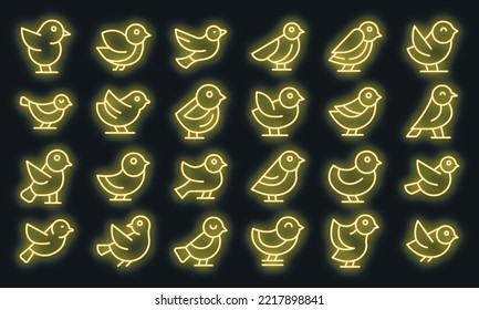 Sparrow icons set outline vector. Fly bird. House tree neon color on black