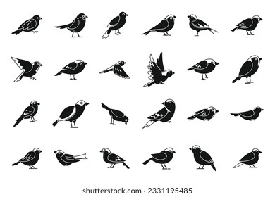 Sparrow icons set simple vector. Fly bird. House tree